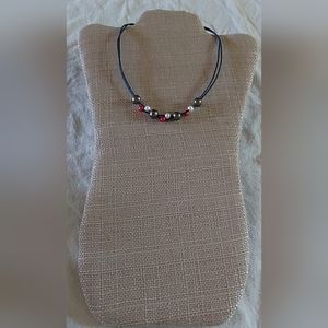 Handmade Red, White & Peacock Pearl And Navy Blue Leather Necklace